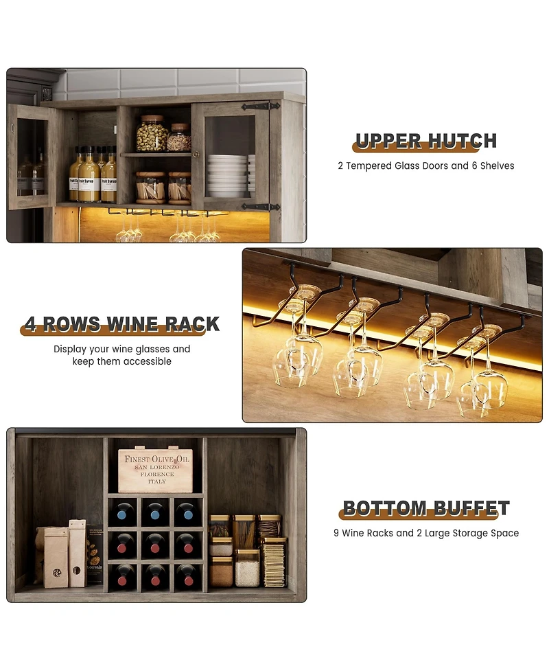 72" Coffee Bar Cabinet with Storage, Kitchen Buffet Hutch, Led Lights, Power Outlets, Sliding Barn Doors, 3 Drawers and Wine Glass Rack for Home Bar