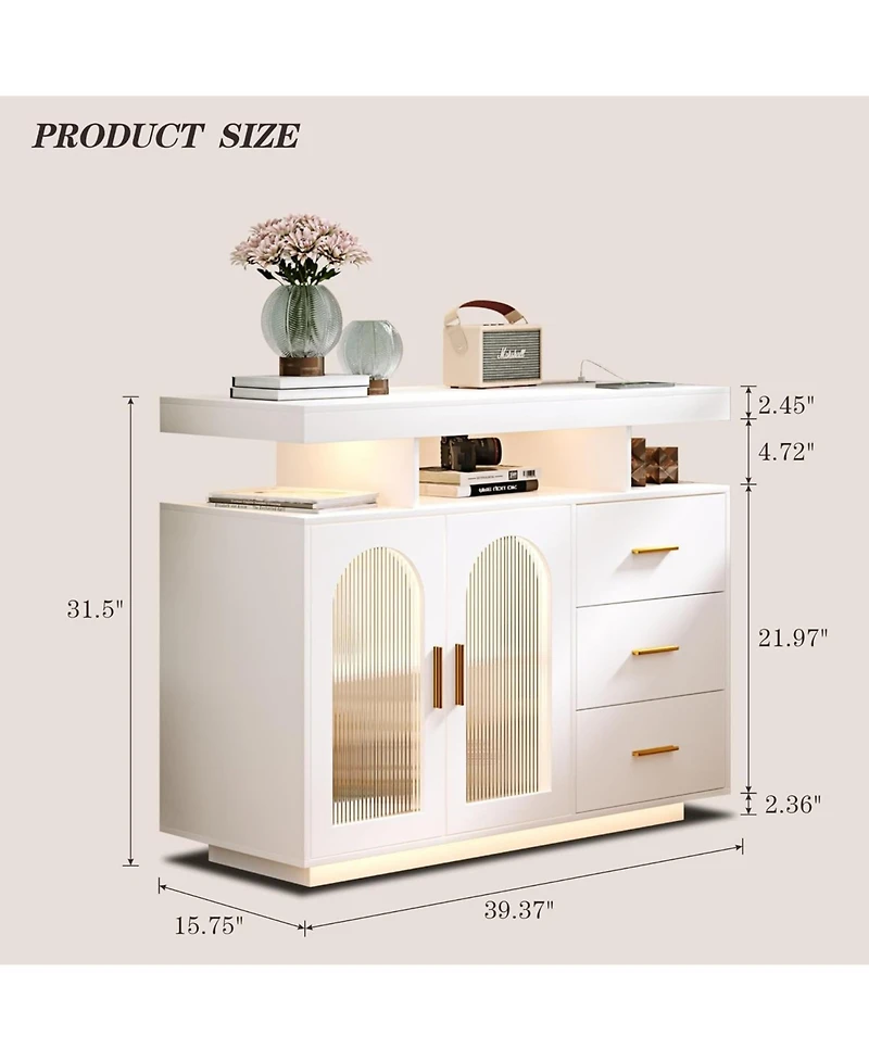 55 x 16 x 42 in 3 Door 3 Drawer Sideboard Buffet Cabinet, Engineered Wood Storage with Floating Look for Dining Room Living Room, White