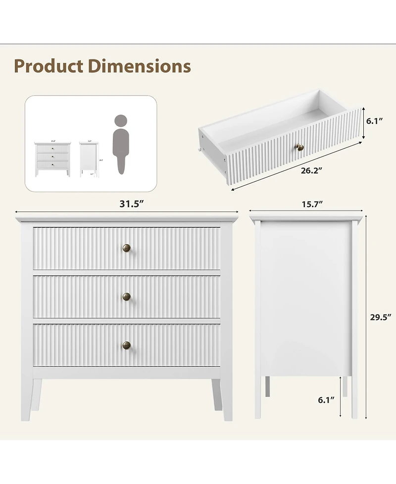 32 x 16 x 30 in Set of 2 Three Drawer Chest, Engineered Wood Dresser Cabinet with Vertical Grain for Bedroom Living Room, White
