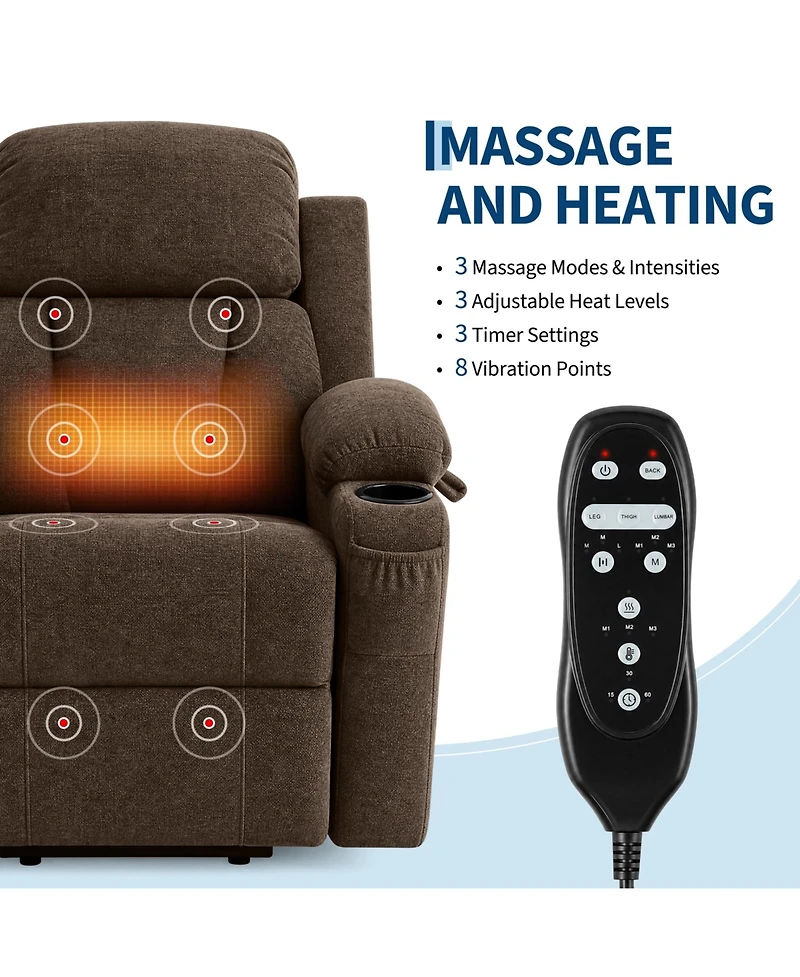 Oversized Chenille Power Lift Recliner with Heat, Massage and Memory Remote, Usb, Cup Holders,Brown