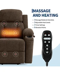Oversized Chenille Power Lift Recliner with Heat, Massage and Memory Remote, Usb, Cup Holders,Brown