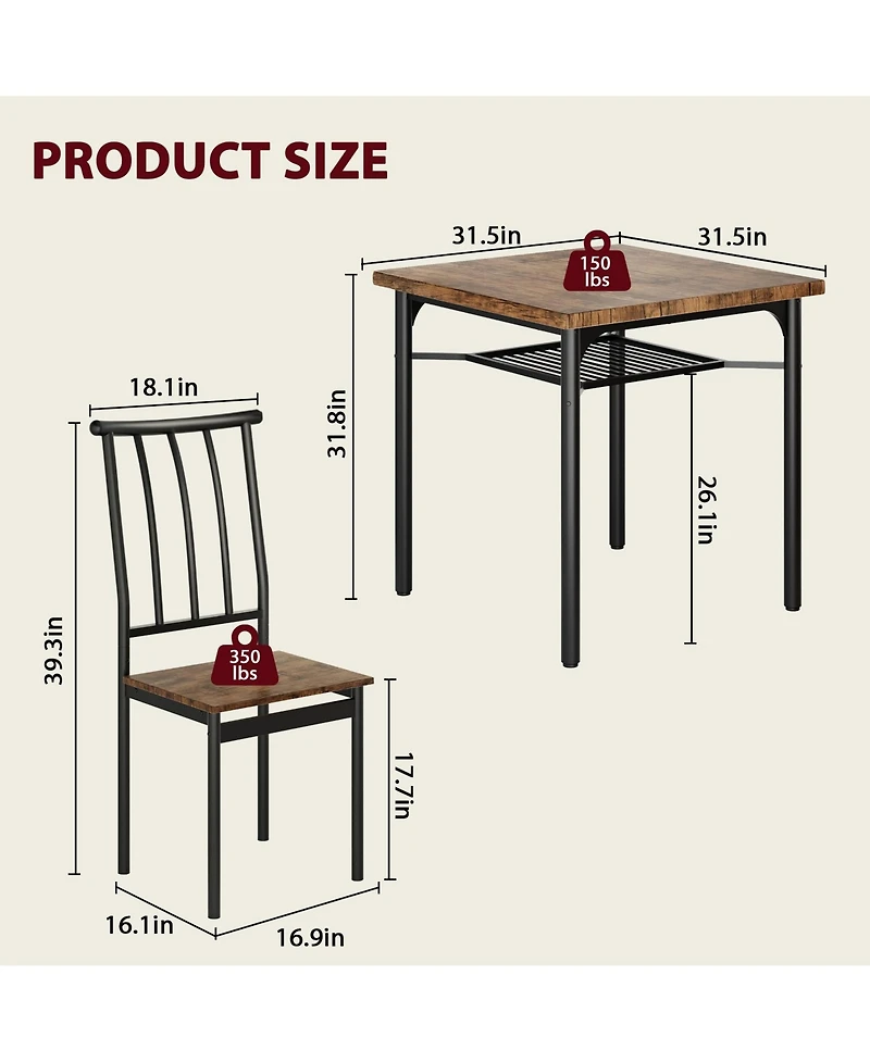 Dining Table Set 3 Piece with Wine Rack Rustic Brown Metal and Wood for Kitchen Apartment Small Space