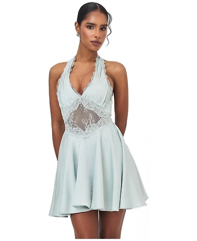 Miss Circle Women's Rianna Light Sage Crinkle Satin Halter Mini Dress