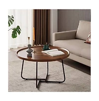 homfan Set of 2 Round Nesting Coffee Tables, 28" and 20", Fluted Wood Look, Mid-Century Modern