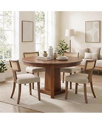Set of 6 Mid-Century Farmhouse Dining Chairs, Linen Upholstered Chairs with Rattan Detail, Ergonomic Curved Backrest and Wooden Legs for Kitchen