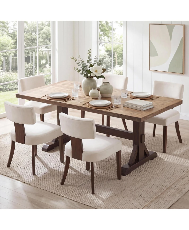 6 Set of Mid-Century Farmhouse Dining Chairs, Upholstered Ergonomic Chairs with Curved Backrest and Wooden Legs for Kitchen, Dining Room, Apartment