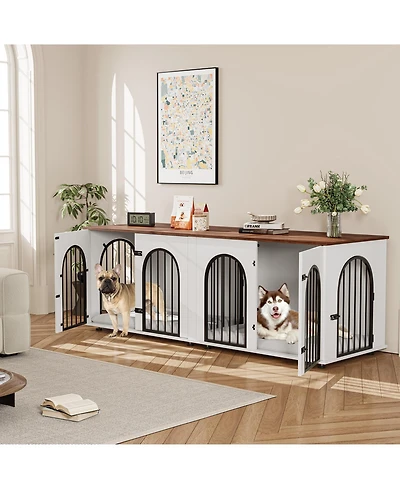 Dog Crate Furniture with Removable Divider, 71 Inch Indoor Double Pet Kennel Home for 2 Dogs, Tv Stand End Table, White and Brown
