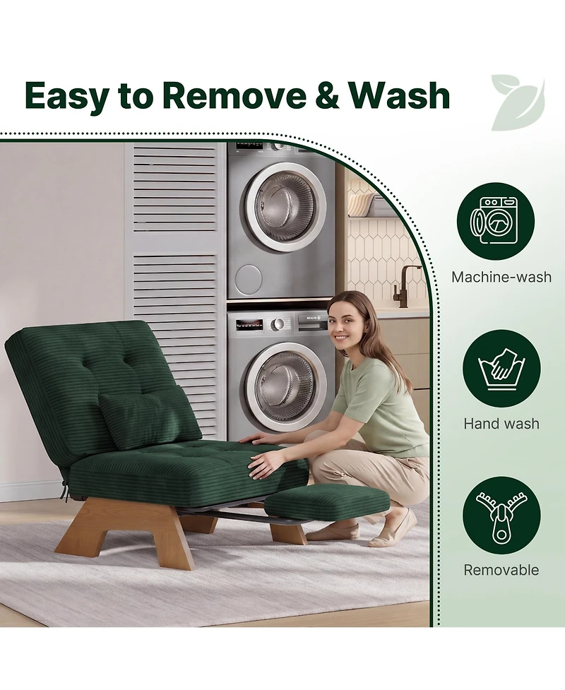 Accent Chair, Corduroy Upholstered Armchair for Living Room | Adjustable Backrest with Pull-Out Footrest, Rubberwood Frame for Bedroom