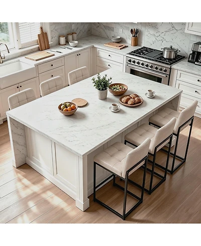Set of 6 Modern Counter Height Bar Stools, Faux Leather Upholstered Stools with Backrest and Footrest, Armless Design and Metal Legs for Kitchen