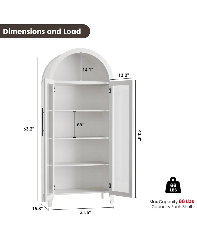 Arched Kitchen Pantry Cabinet, Farmhouse 5 Tier Display Shelf with Adjustable Shelf and 2 Large Glass Doors, Versatile Cupboard for Kitchen