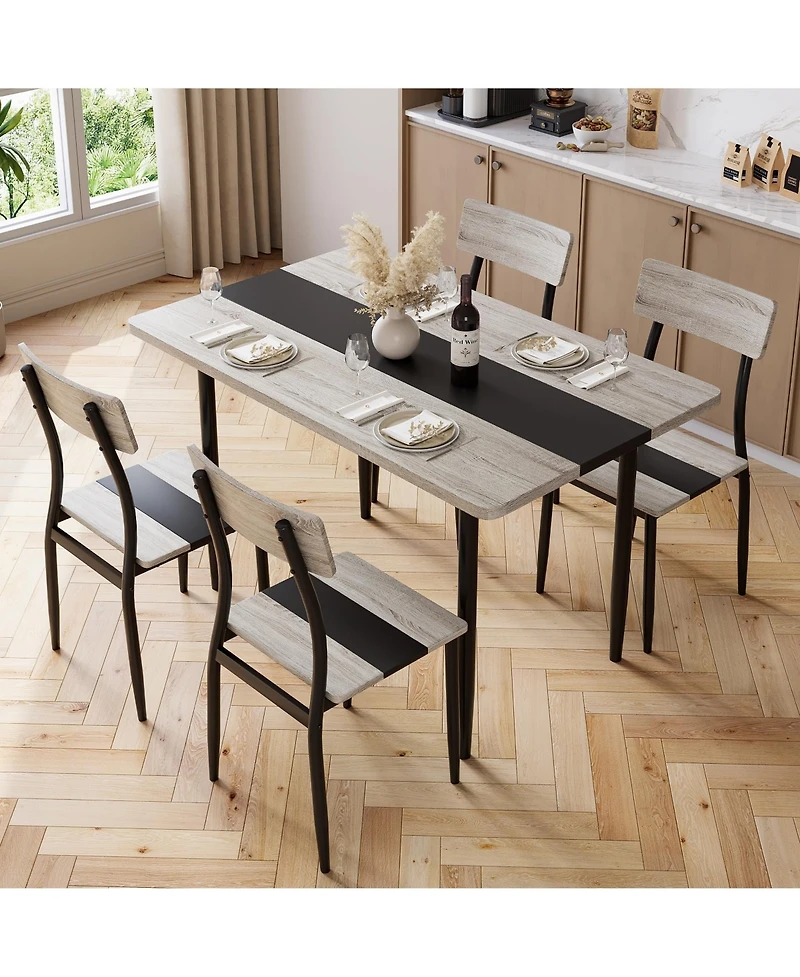 5-Piece Dining Table Set for 4, Compact Rectangular Kitchen Dining Room Table and Chair Set for Breakfast Nook, Afternoon Tea, Gray and Black