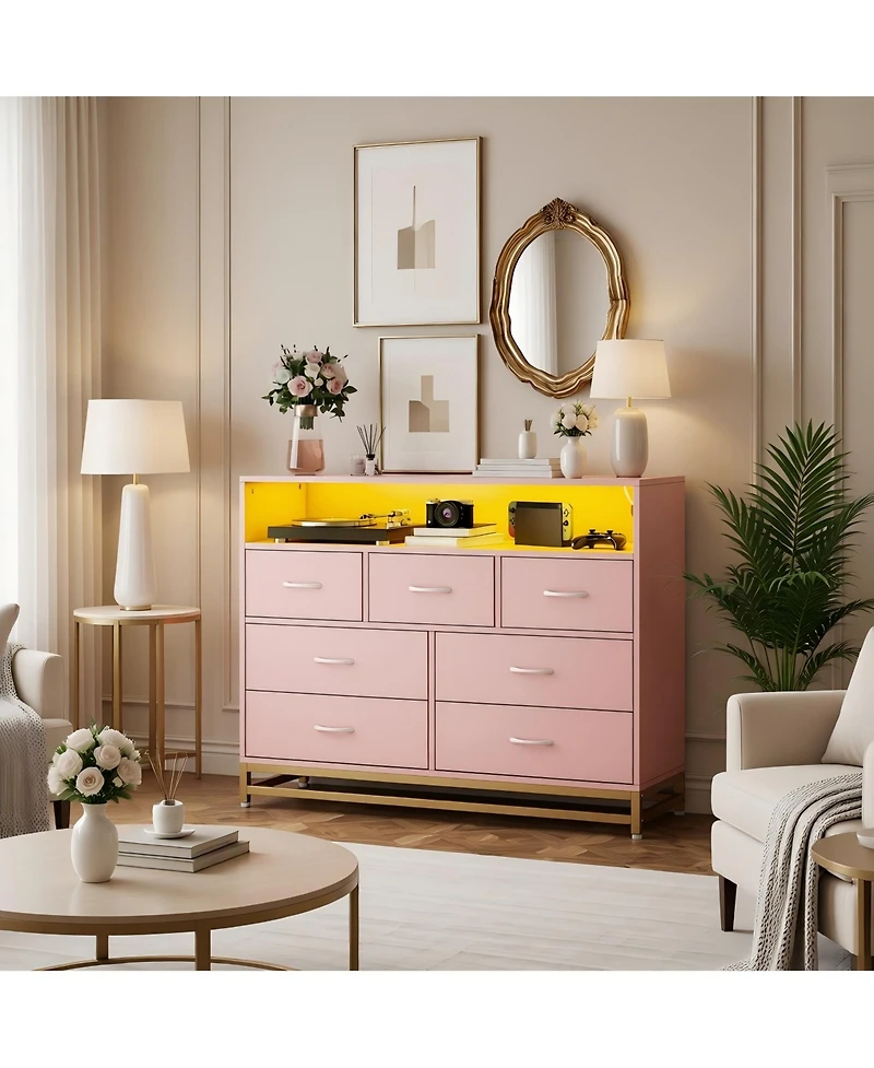 47 x 16 x 41 in 7 Drawer Dresser with Led Lights and Outlets, Engineered Wood Chest of Drawers with Compartments for Bedroom, Pink