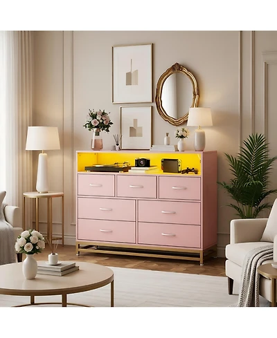 47 x 16 x 41 in 7 Drawer Dresser with Led Lights and Outlets, Engineered Wood Chest of Drawers with Compartments for Bedroom, Pink