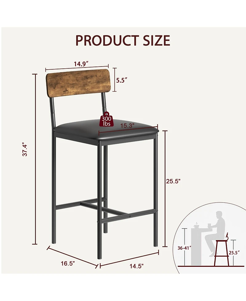Set of Bar Stools 26" Counter Height Pu Leather Swivel Chairs with Backrest and Footrest Ergonomic Comfort for Kitchen Island Home Bar