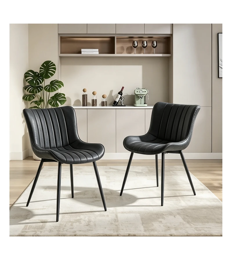 Dining Chairs Set of 2, Ergonomic Upholstered Kitchen Chair with Waterproof Pu Leather Seat, Stable Metal Legs, 300 lbs Capacity, Black