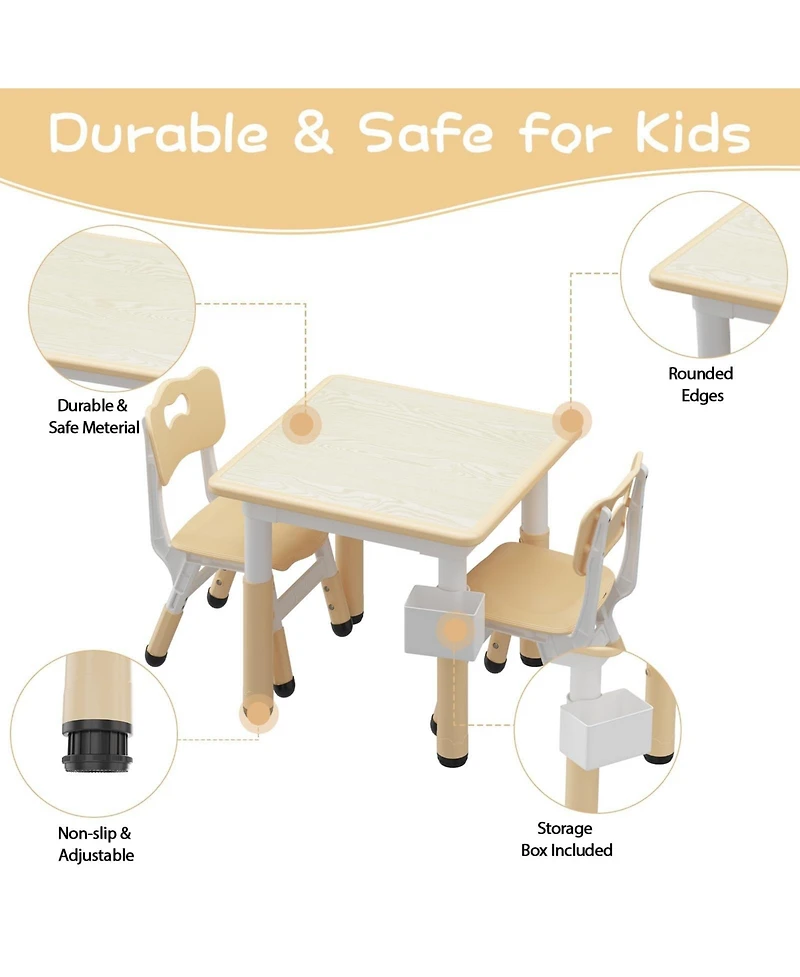 Height Adjustable Kids Table and 4 Chairs Set, Game Study Table with Graffiti Erasable Desktop, Non-Slip Legs for Playroom, Bedroom, Daycare