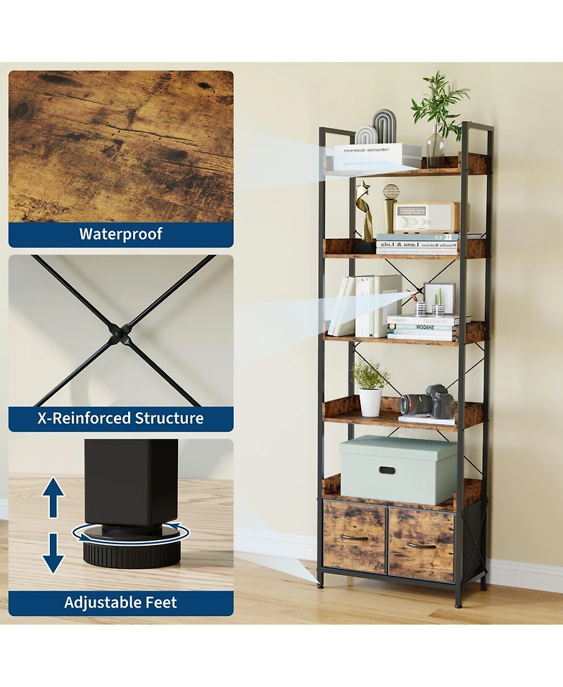 12" D x 24" W x 71" H Bookshelf with 6 Shelves and Fabric Drawers, Metal Frame and Engineered Wood Storage for Living Room Home Office, Black