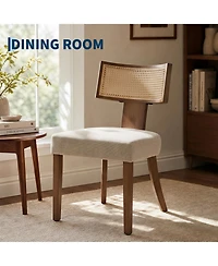 Set of 2 Mid-Century Dining Chairs with Rattan Back, Upholstered Linen Seat and Wood Frame for Kitchen Dining Room Living Room, Beige