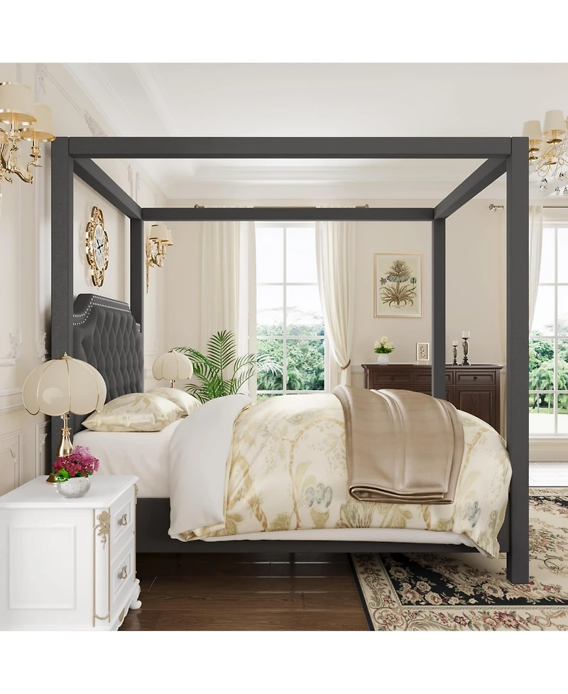 King Size Upholstered 4-Poster Canopy Bed Frame, Platform Bed Frame with Button Tufted Nailhead Headboard, No Box Spring Required