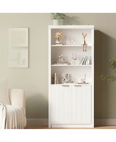 31.5 x 14 x 71 in Set of 2 Storage Cabinets with Doors and Crown Molding, Engineered Wood Tall Bookcase for Living Room Home Office, White