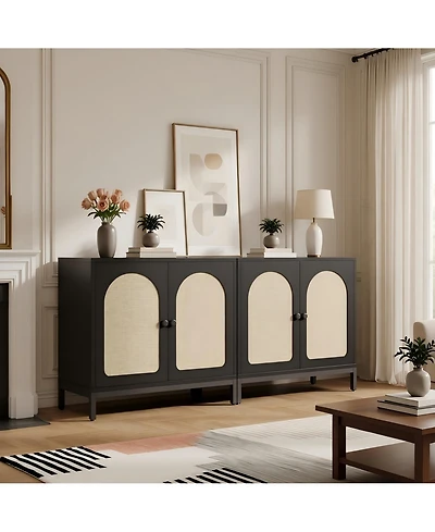32 x 16 x 28 in Set of 2 Rattan Storage Cabinets with Arch Doors, Engineered Wood Cabinet with Shelves for Living Room Entryway, Black