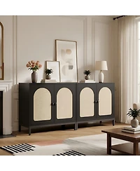 32 x 16 x 28 in Set of 2 Rattan Storage Cabinets with Arch Doors, Engineered Wood Cabinet with Shelves for Living Room Entryway, Black