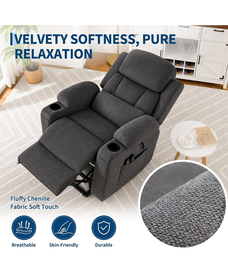 Oversized Chenille Power Lift Recliner with Heat, Massage and Memory Remote, Usb, Cup Holders,Grey