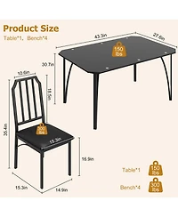 Dining Table Set 5 Piece Black Glass Top with 4 Upholstered Chairs Space Saving Compact Design Chamfered Edges for Kitchen Dining Room Apartment