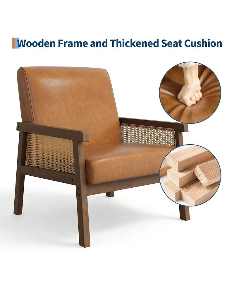 Rattan Accent Chair Contemporary High Back Wooden Frame Armchair Upholstered Boucle Pu Leather Cozy Reading Leisure for Living Room Bedroom