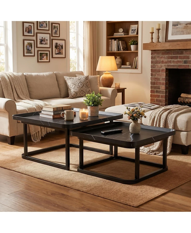Set of 2 Black Nesting Coffee Tables, Mid-Century Modern Square Stackable Side Tables