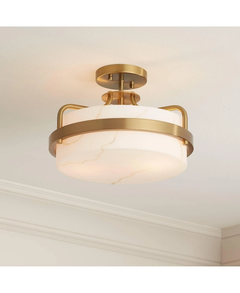 Possini Euro Design Bregman 13" Mid Century Modern Semi Flush-Mount Ceiling Light Fixture Kitchen Brass Finish White Stone Glass