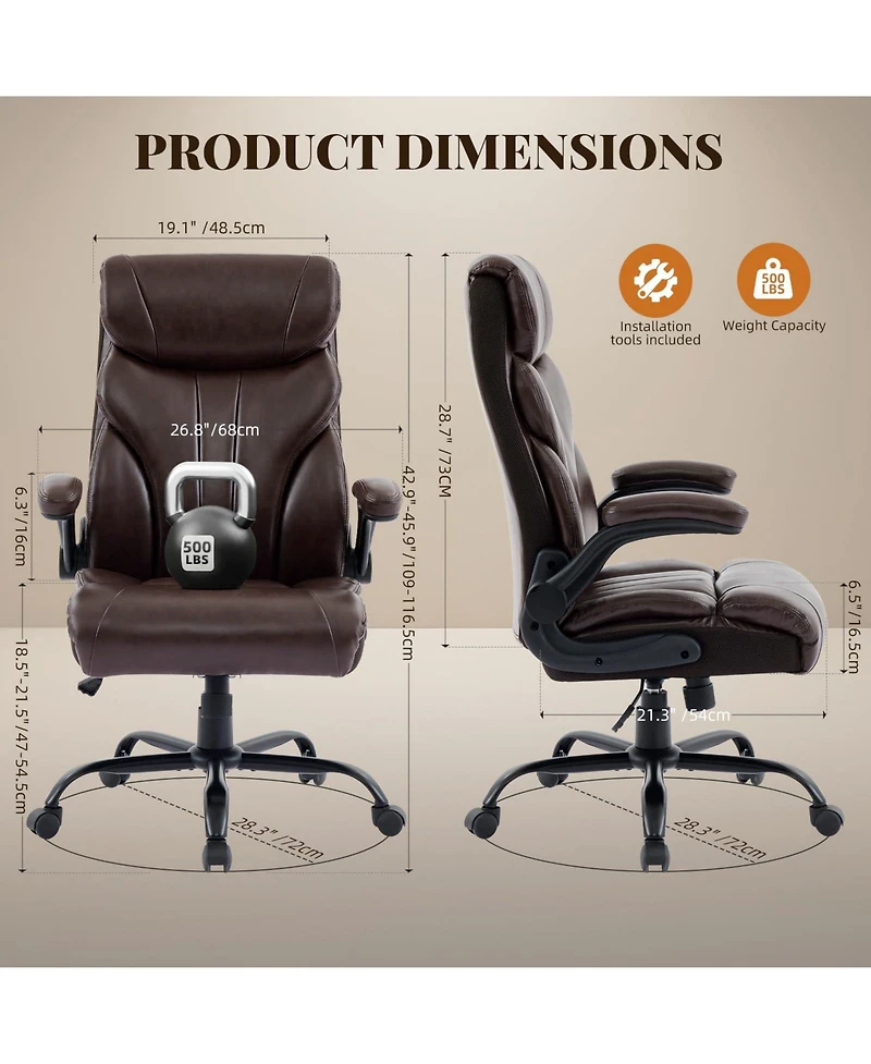 Big and Tall Ergonomic Executive Desk Office Chair, Pu Leather, 90-155 degrees Recline, Lumbar Support, Flip-up Armrests, Swivel Chair with Wheels