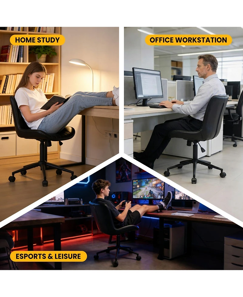 Office Chair with Wheels, Ergonomic Desk Chair, Black Modern Armless Swivel Computer Task Chair for Bedroom, Home Office, Dressing Room