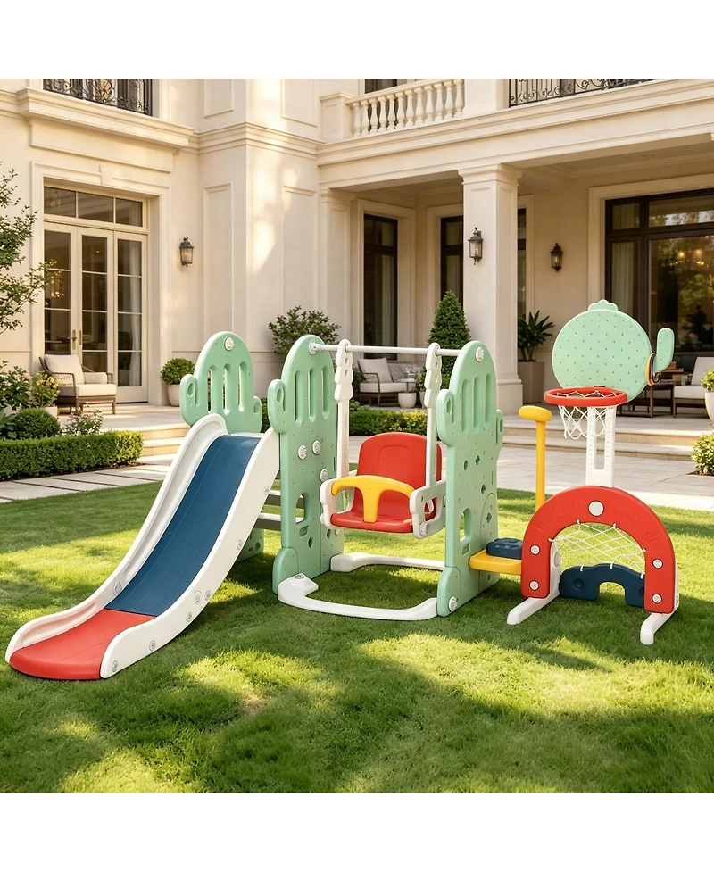 5-in-1 Kids Slide and Swing Set with Sports Games, Outdoor Cactus Playground with Basketball Soccer Golf for Backyard Fun, Green, Ages 3-8
