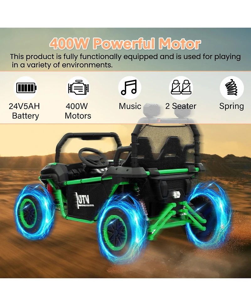 24V Dual Seat Kids Ride On Utv Utility Vehicle, 4WD Battery Powered Off Road Car with Metal Frame for Outdoor Fun, Green, Ages 3-6