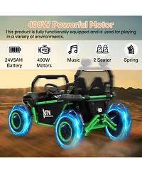 24V Dual Seat Kids Ride On Utv Utility Vehicle, 4WD Battery Powered Off Road Car with Metal Frame for Outdoor Fun, Green, Ages 3-6