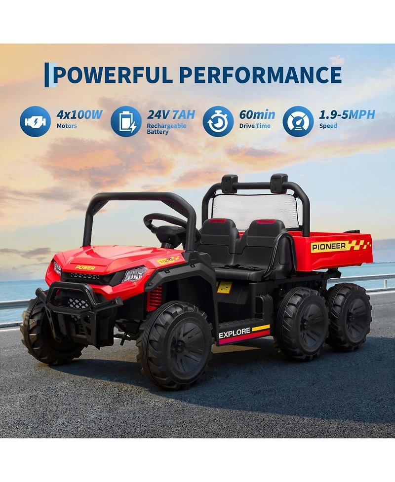 24V 4WD Two-Seater Kids Ride-On Dump Truck, Remote Control, Functional Dump Bed, 3 Speeds, Music Player, All-Terrain Electric Toy