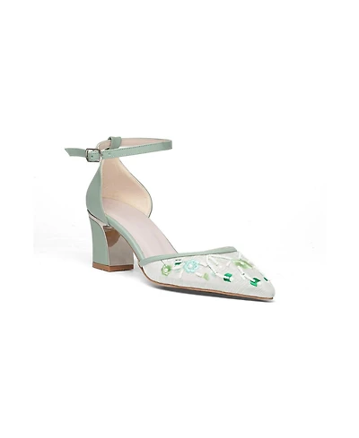 Prologue Shoes Women's Lorelai Block Heel Embroidered Bridal Pump