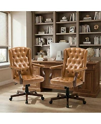 Mid-Century Faux Leather Wingback Office Chair, Tufted and Adjustable Height, Brown