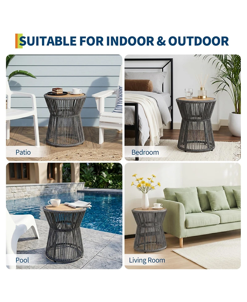 16" Round Woven Rope Outdoor Side Table, Gray Rope with Wood Top,Grey