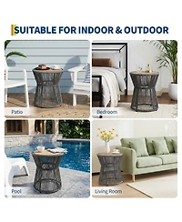 16" Round Woven Rope Outdoor Side Table, Gray Rope with Wood Top,Grey