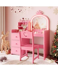 Girls Kids Vanity Desk with Mirror and Lights, Wooden Makeup Vanity Set with Chair, Storage Shelves and Drawers, Princess Dressing Table for Bedroom