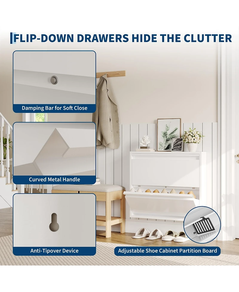 31.5 x 6 x 28 in 2-Tier Flip Shoe Cabinet, Metal Entryway Storage Organizer, Narrow Slim Design for Hallway Living Room, Grey/White