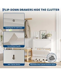 31.5 x 6 x 28 in 2-Tier Flip Shoe Cabinet, Metal Entryway Storage Organizer, Narrow Slim Design for Hallway Living Room, Grey/White