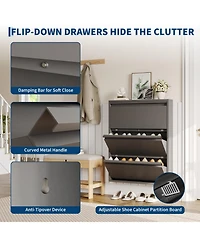 31.5 x 6 x 41 in 3-Tier Flip Door Shoe Cabinet, Slim Entryway Shoe Storage, Carbon Steel for Hallway Closet Entryway, Dark Gray/White