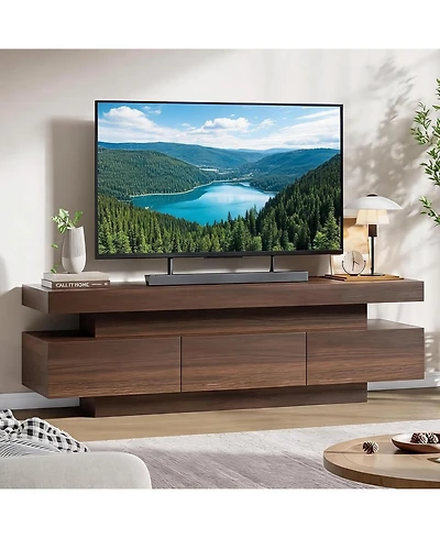 60" Mid-Century Modern Tv Stand for 65" TVs with Drawer and Open Shelves, Vintage Brown