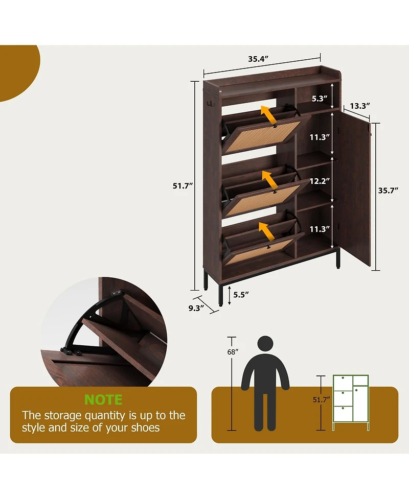 35x9x52in 3-Drawer Shoe Cabinet with Doors, Engineered Wood and Pe Rattan Entryway Storage Organizer, for Hallway Living Room, Light/Dark Brown