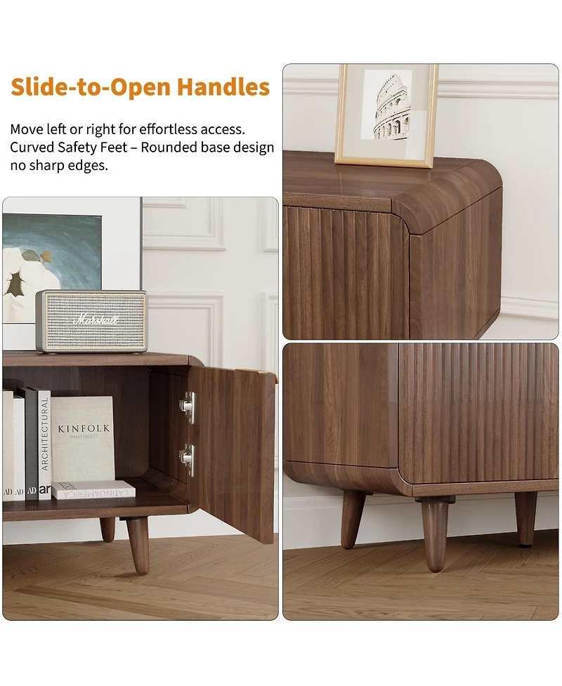 Mid-Century Media Console with Fluted Panel Doors, Adjustable Inner Shelves, Low Profile Tv Stand for TVs Up to 65 Inch for Living Room, Bedroom