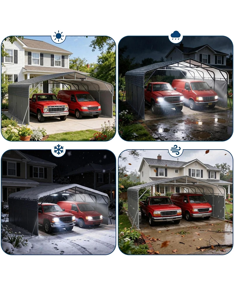 20' x 20' Hardtop Carport with Steel Roof and Solar Light, Heavy Duty Vehicle Shelter for Parking Patio Driveway, Dark Gray