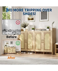 63 x 15 x 41 in 4 Door Arched Shoe Cabinet with Faux Rattan Panels, Engineered Wood Entryway Storage for Hallway Bedroom, Black/Brown
